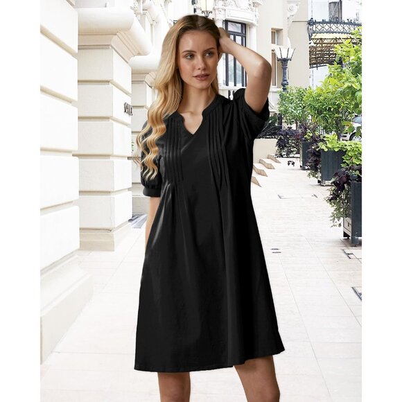 Women’s Summer Dress Polyester Blended Shift V Neck Puff Short Sleeve Casual - Picture 2 of 7